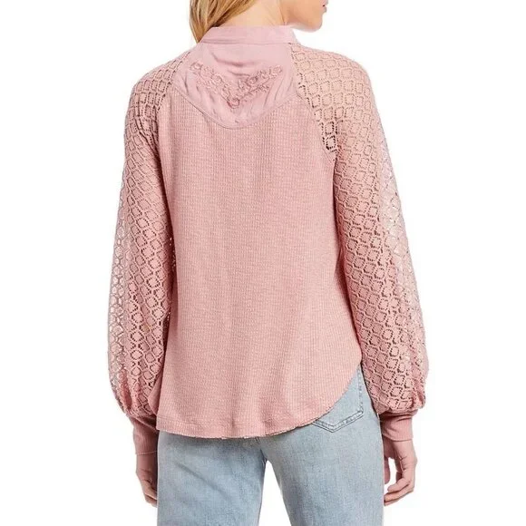 Free People Sweetest Thing Thermal Pink Blush Top Embroidery & Crochet Sz Medium - Picture 3 of 11